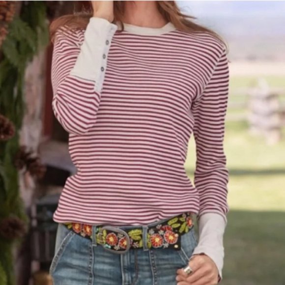 Sundance Striped Crewneck Thermal Long Sleeve Top Red/Cream Size Med Petite - Picture 1 of 6